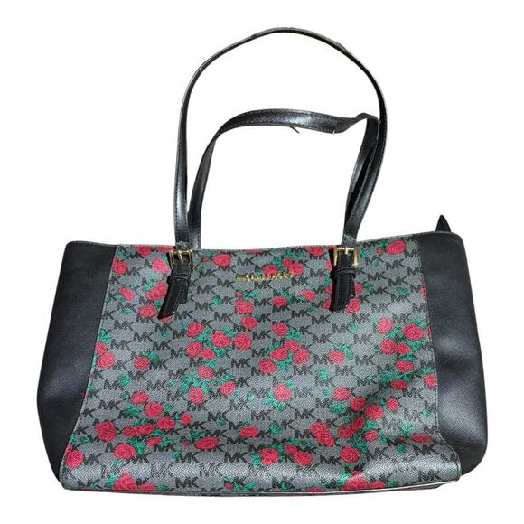 Michael Kors Tote Bag Black Rose Floral MK Monogram Satchel Handbag Purse - Picture 3 of 12